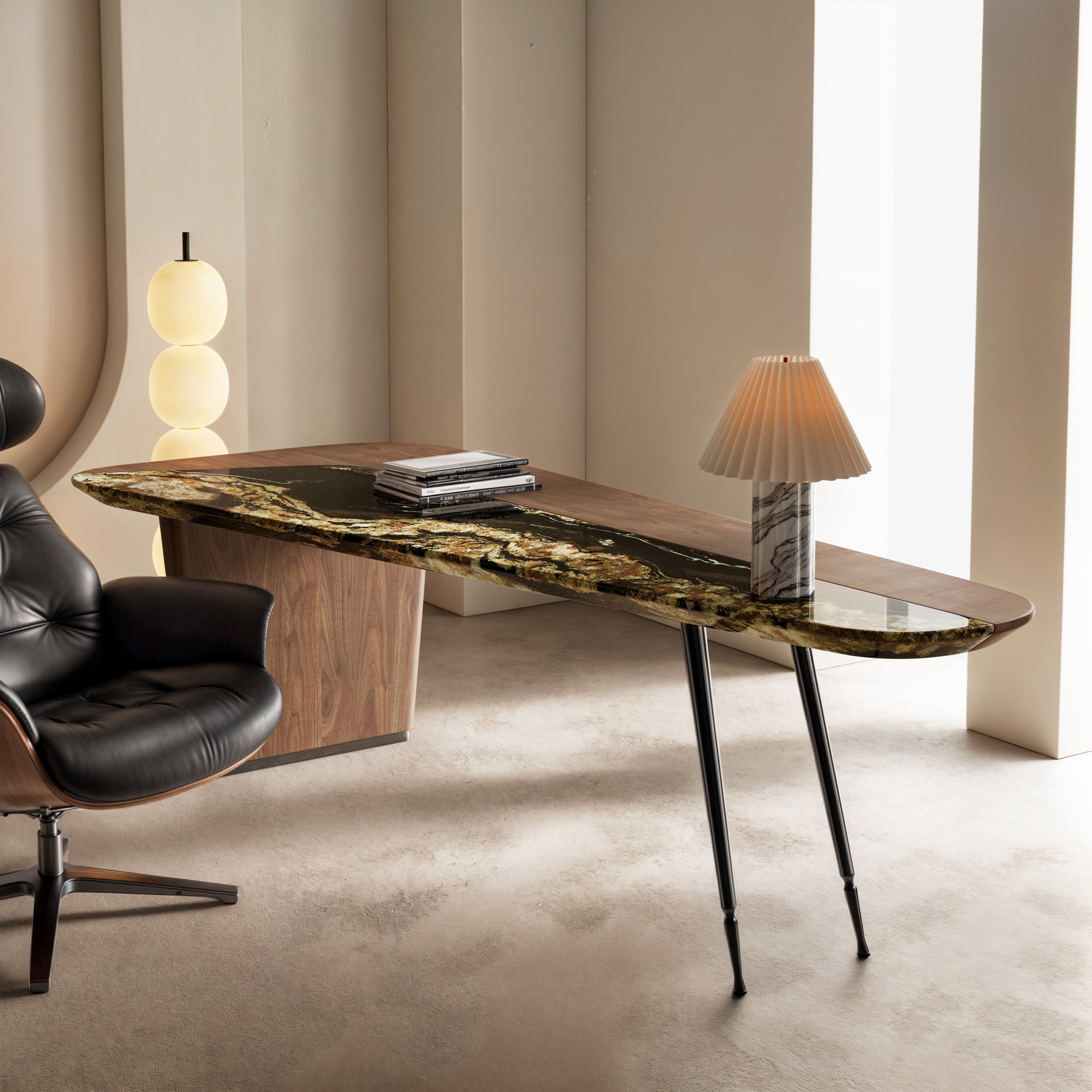 Magma, Natural Marble and Wood Top Office Desk (86"x37")