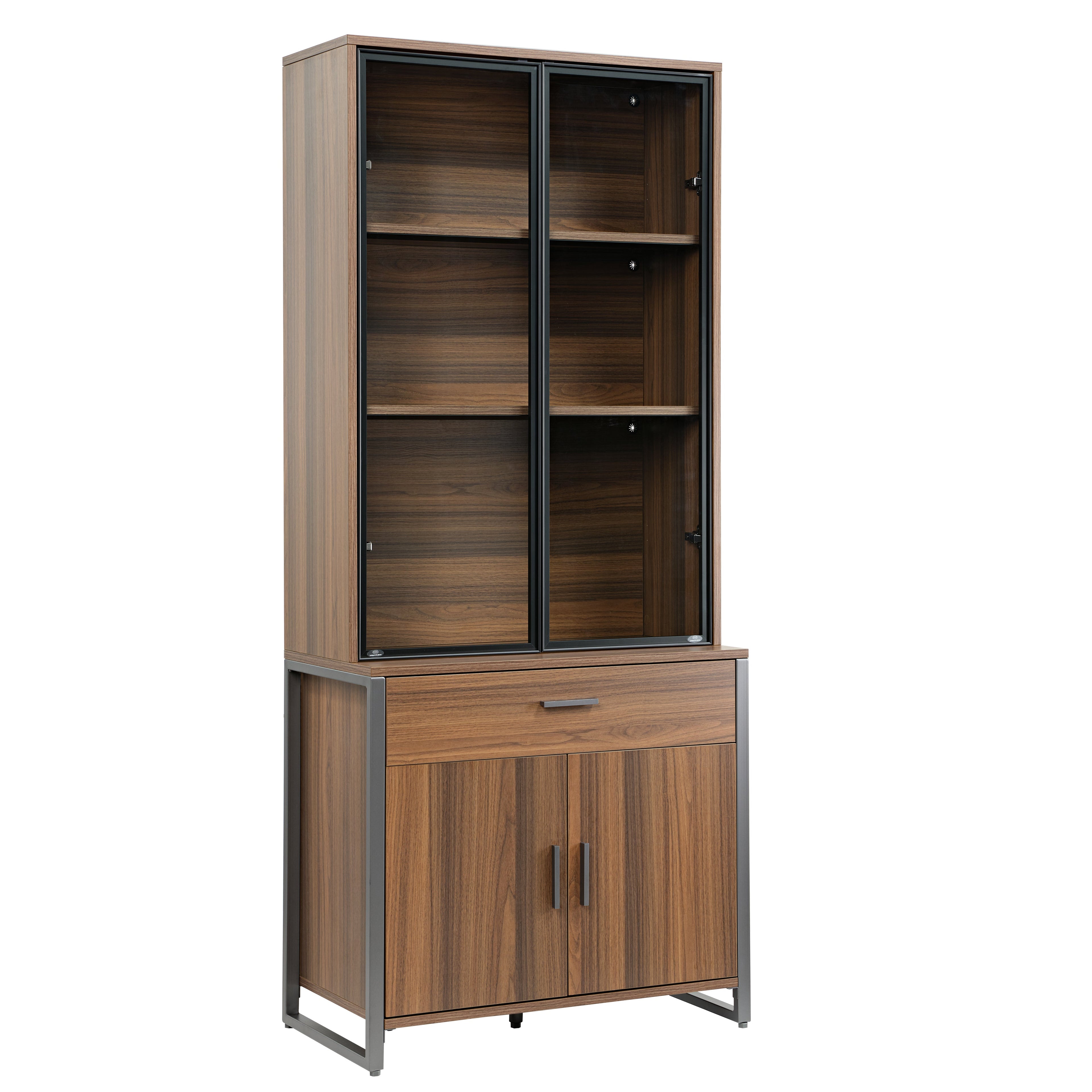 77" Display Bookshelf with Glass Door and Storage Cabinets, Walnut