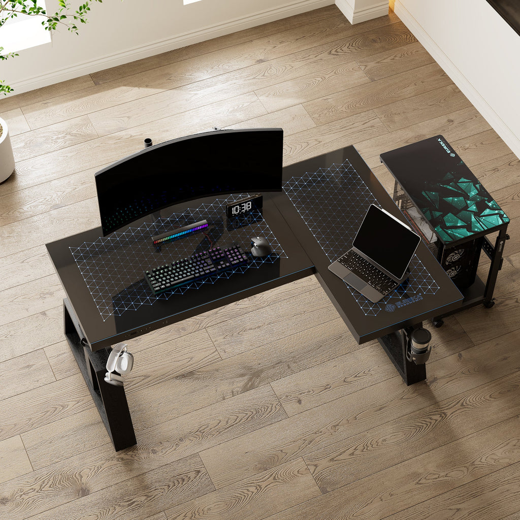 GTG-L60 Pro, L Shaped Glass Gaming Standing Desk (60"x23")