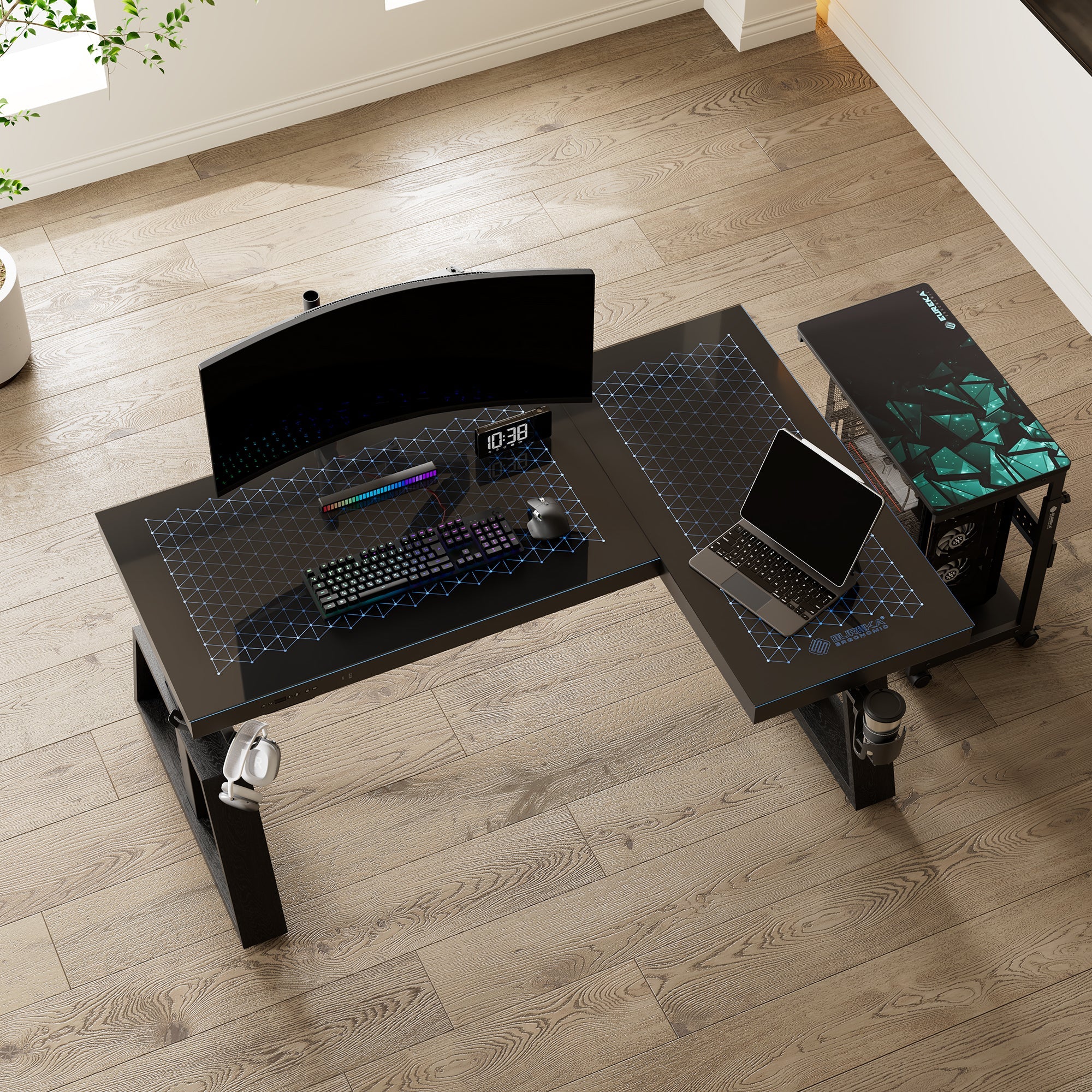 GTG-L60 Pro, L Shaped Glass Gaming Standing Desk (60"x23")