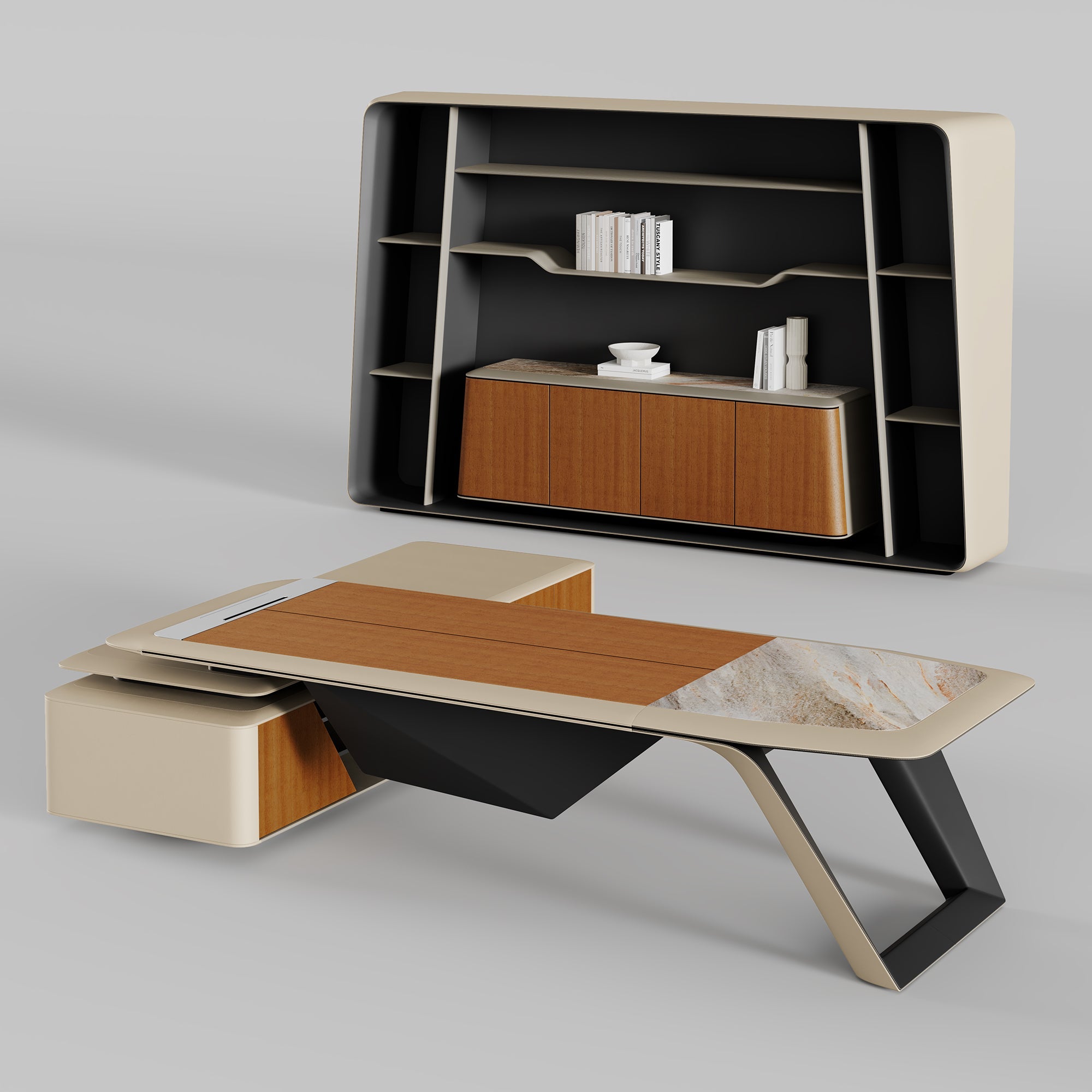Zen Lunar, Executive Desk and Bookcase