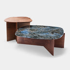 41" Walnut and Blue Jade Marble Irregular Coffee Table with Side Table Set