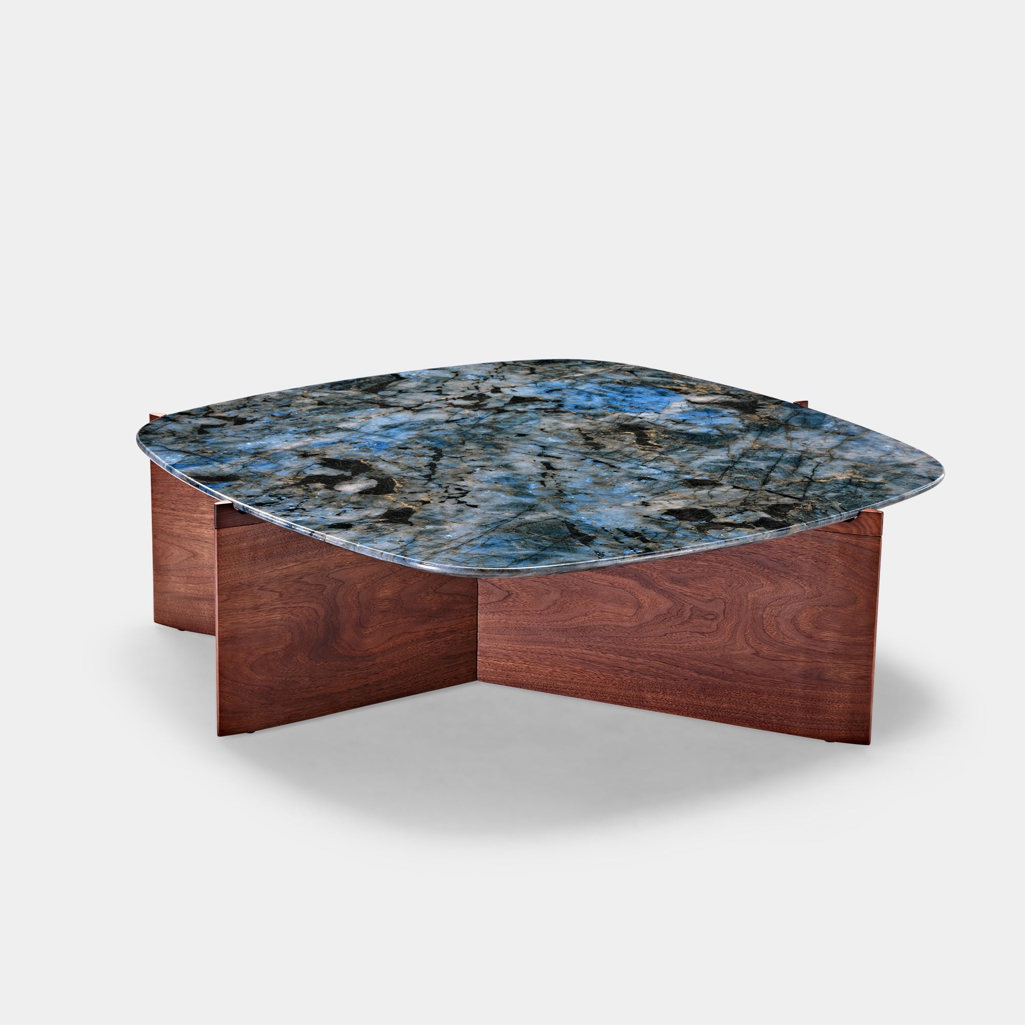 41" Walnut and Blue Jade Marble Irregular Coffee Table with Side Table Set