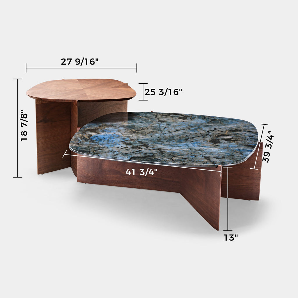 41" Walnut and Blue Jade Marble Irregular Coffee Table with Side Table Set