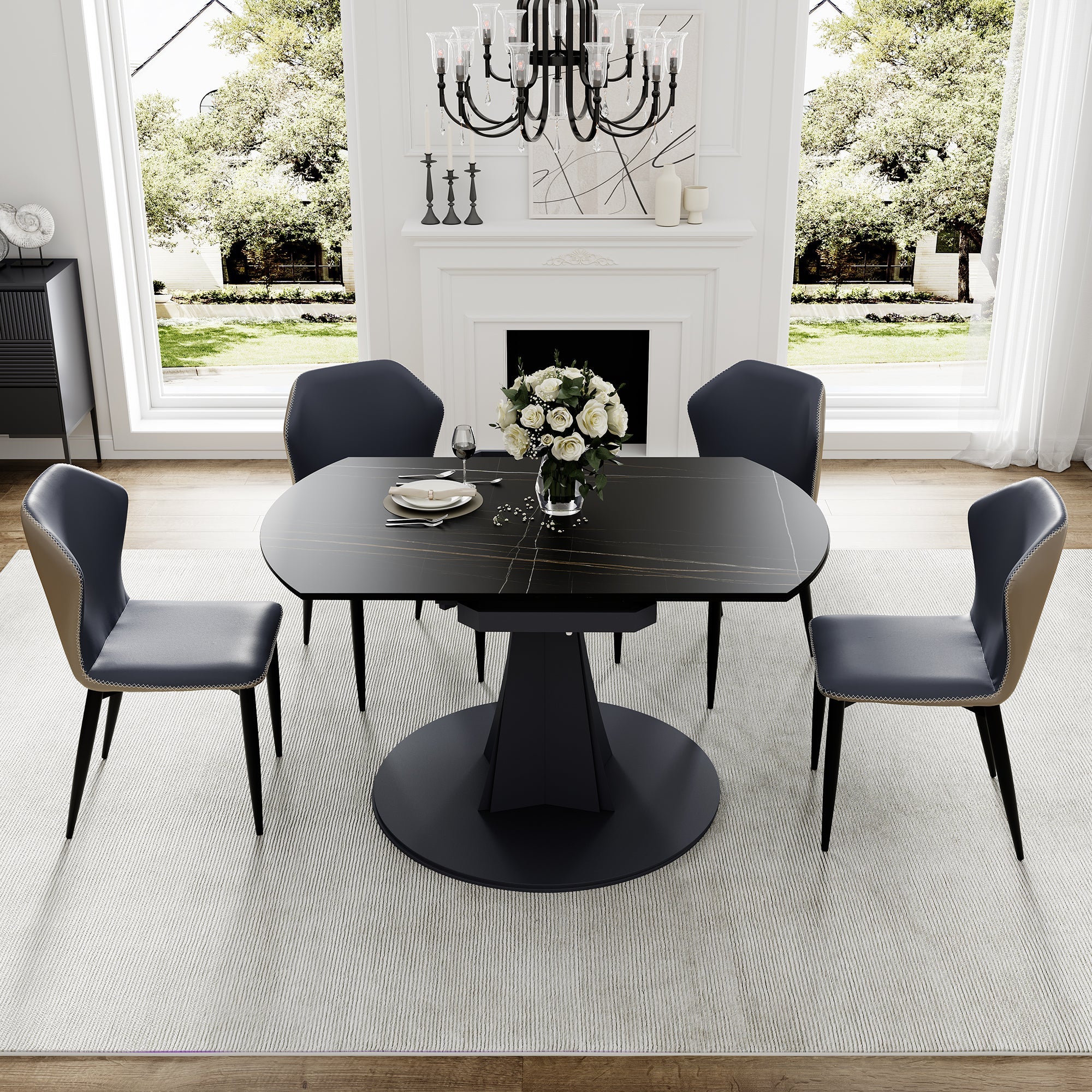 Amelia, 33"-53" Round Extending Dining Table, Black/white