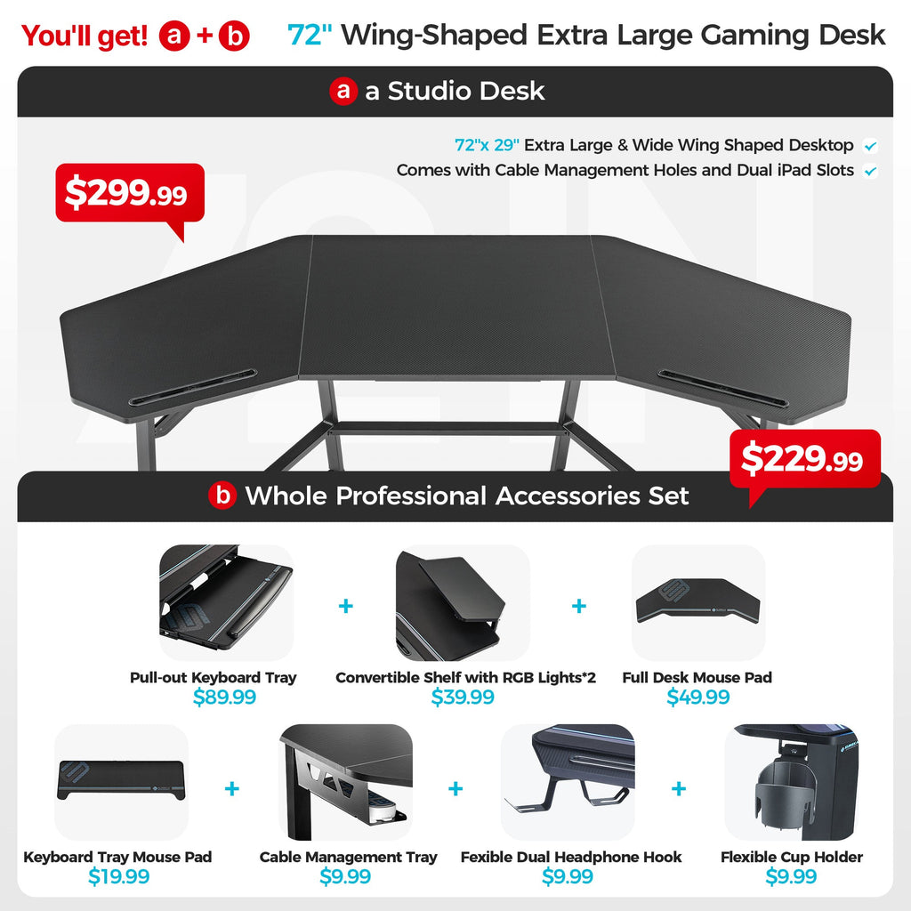 Aero Wing Shaped Studio Desk (73"x23")