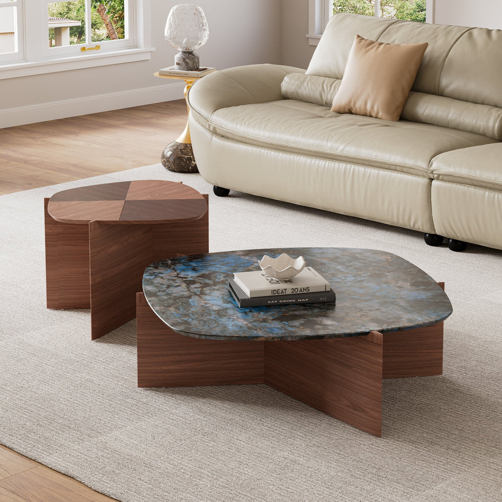 41" Walnut and Blue Jade Marble Irregular Coffee Table with Side Table Set