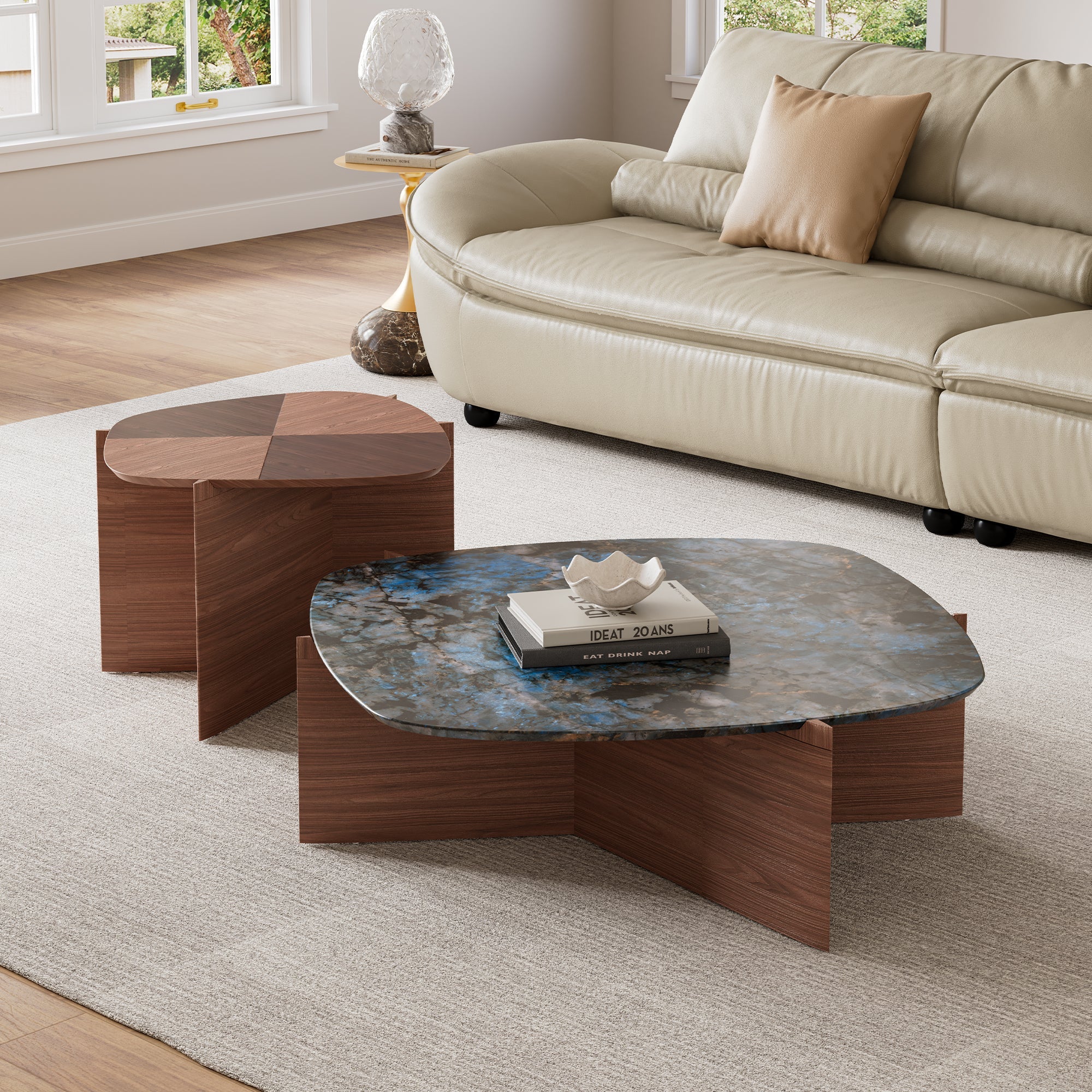 41" Walnut and Blue Jade Marble Irregular Coffee Table with Side Table Set