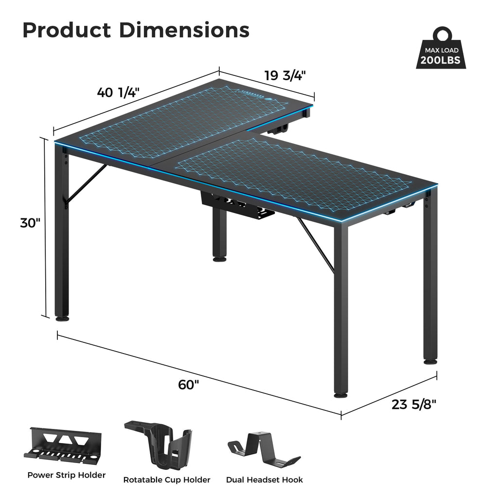 GTG - L60, L-Shaped Glass LED Gaming Desk (60"x40")