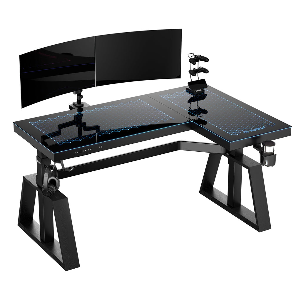 GTG-L60 Pro, L Shaped Glass Gaming Standing Desk (60"x23")