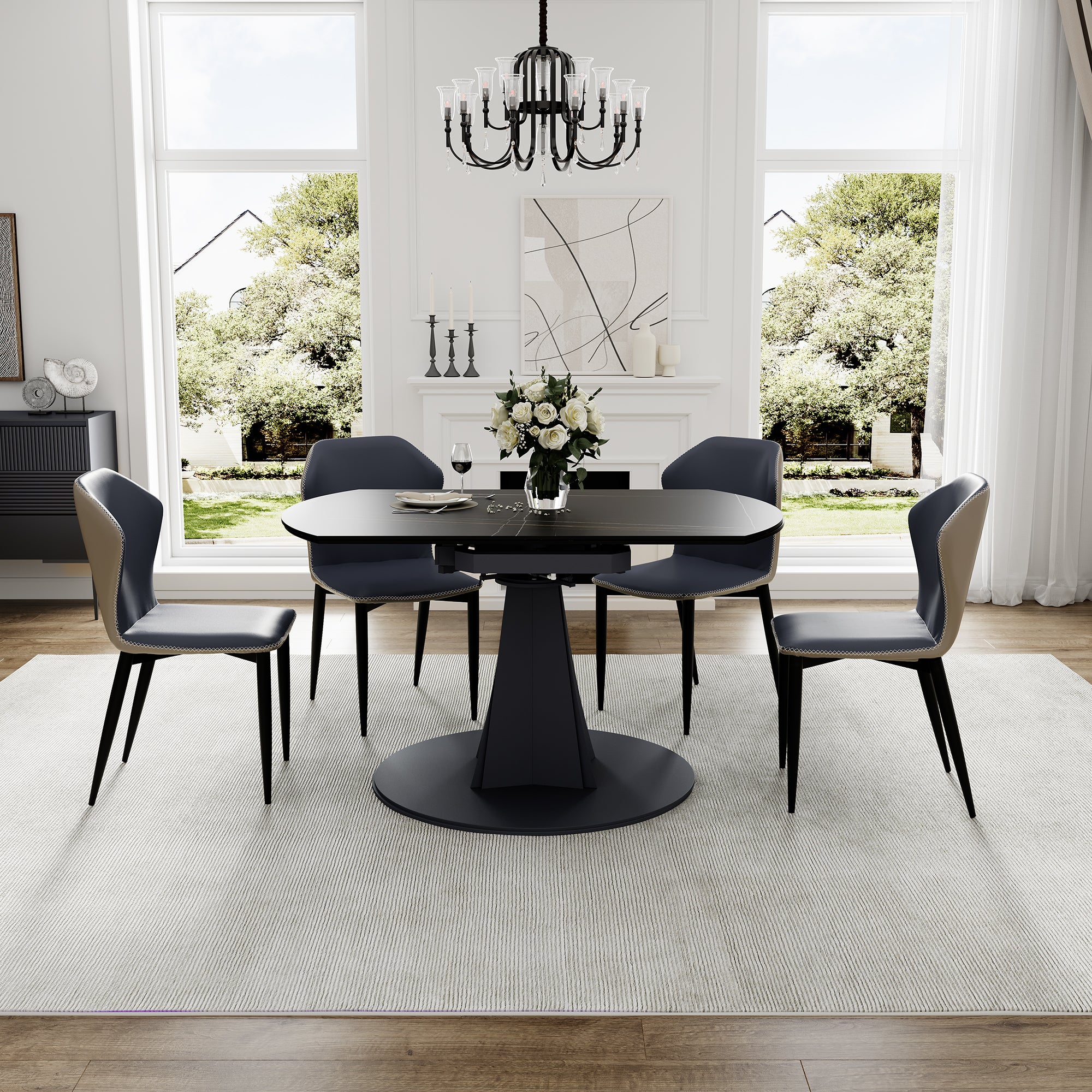 Amelia, 33"-53" Round Extending Dining Table, Black/white