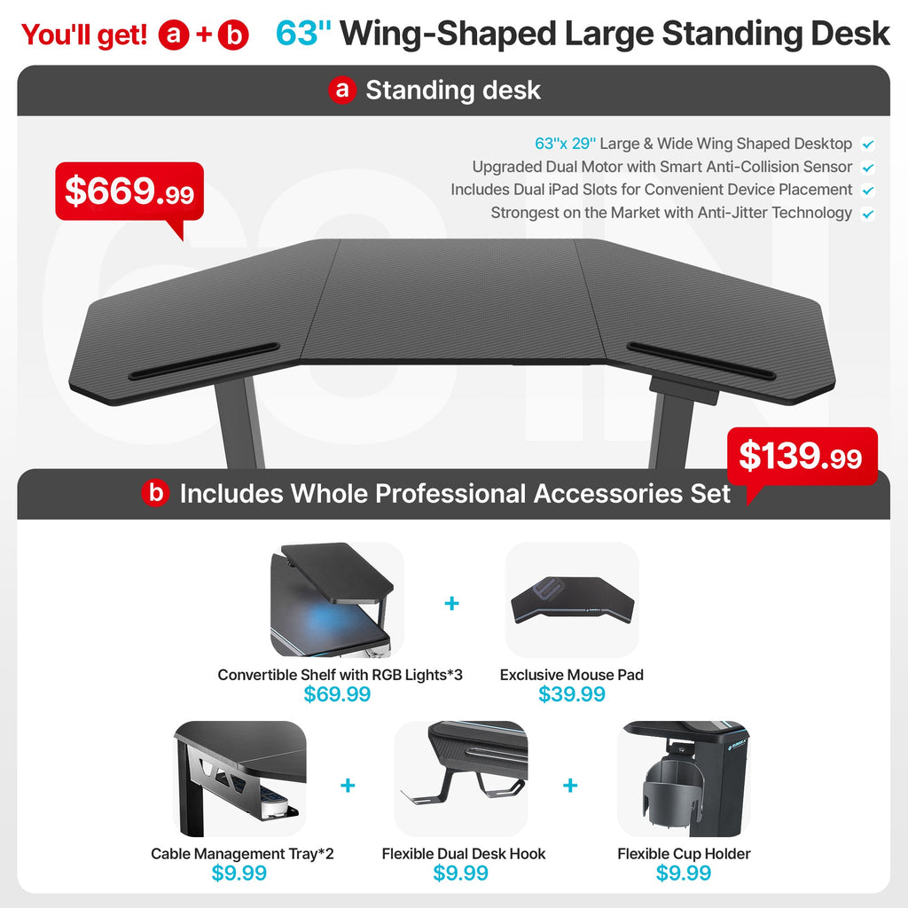 Aero Pro Wing Shaped Standing Desk (63"x23")