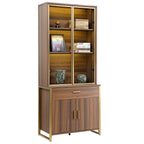77" Display Bookshelf with Glass Door and Storage Cabinets, Walnut