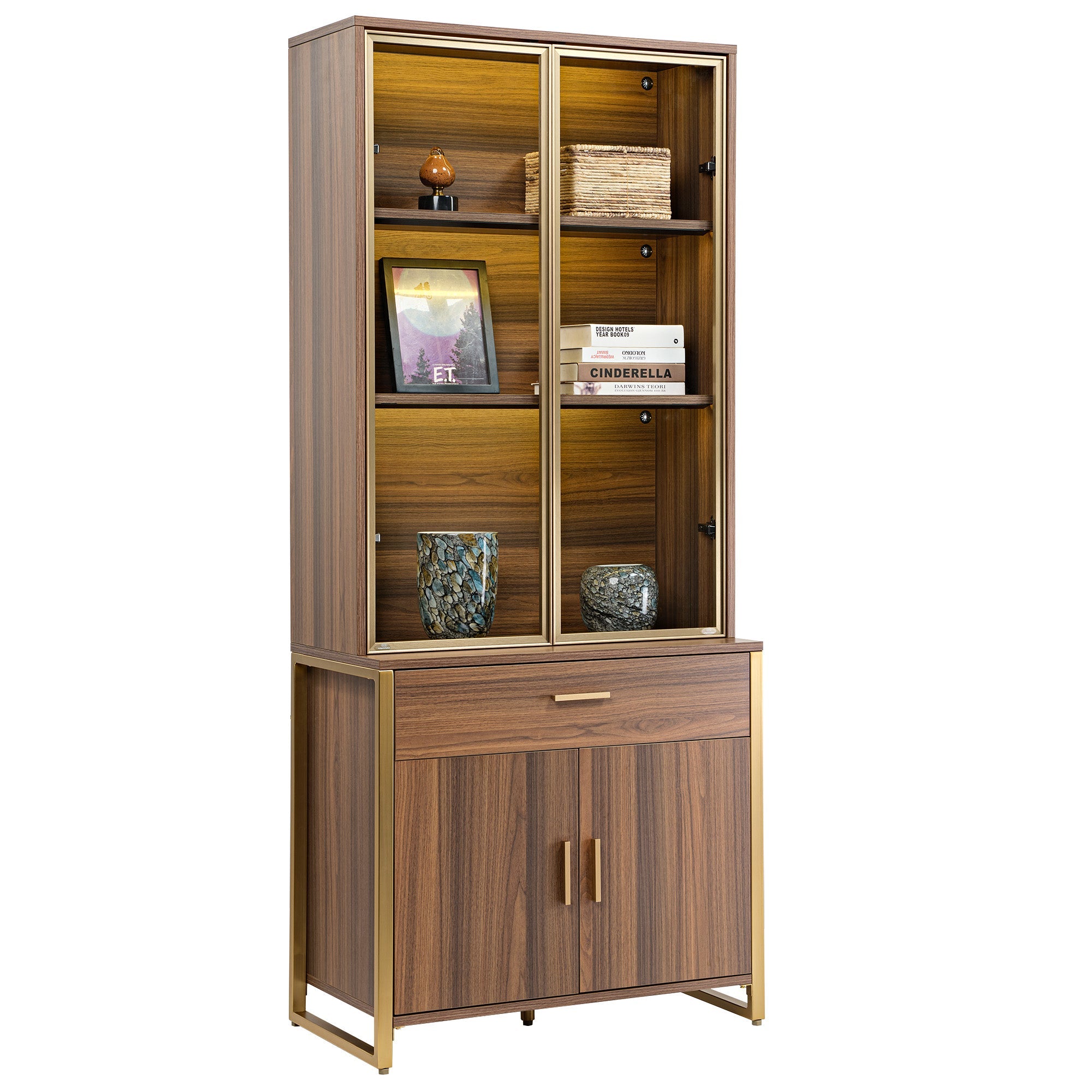 77" Display Bookshelf with Glass Door and Storage Cabinets, Walnut