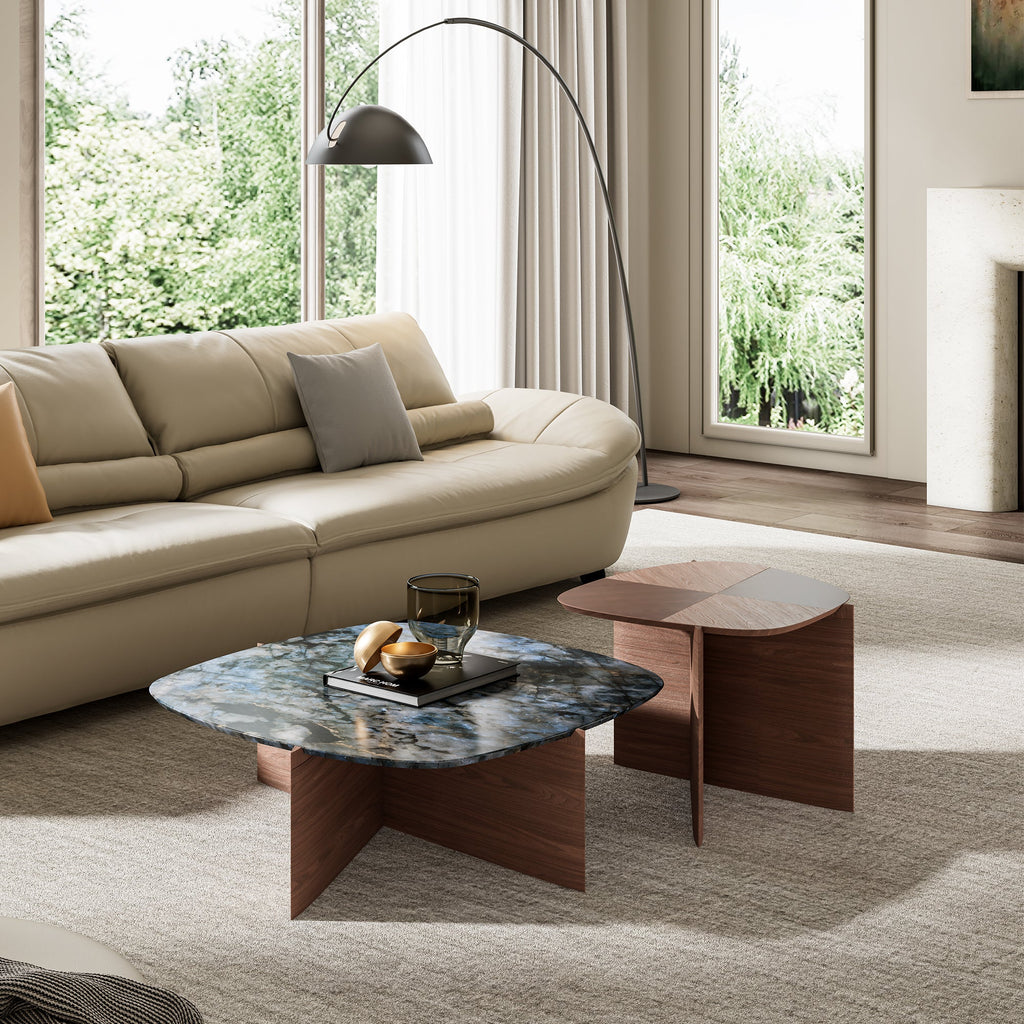 41" Walnut and Blue Jade Marble Irregular Coffee Table with Side Table Set