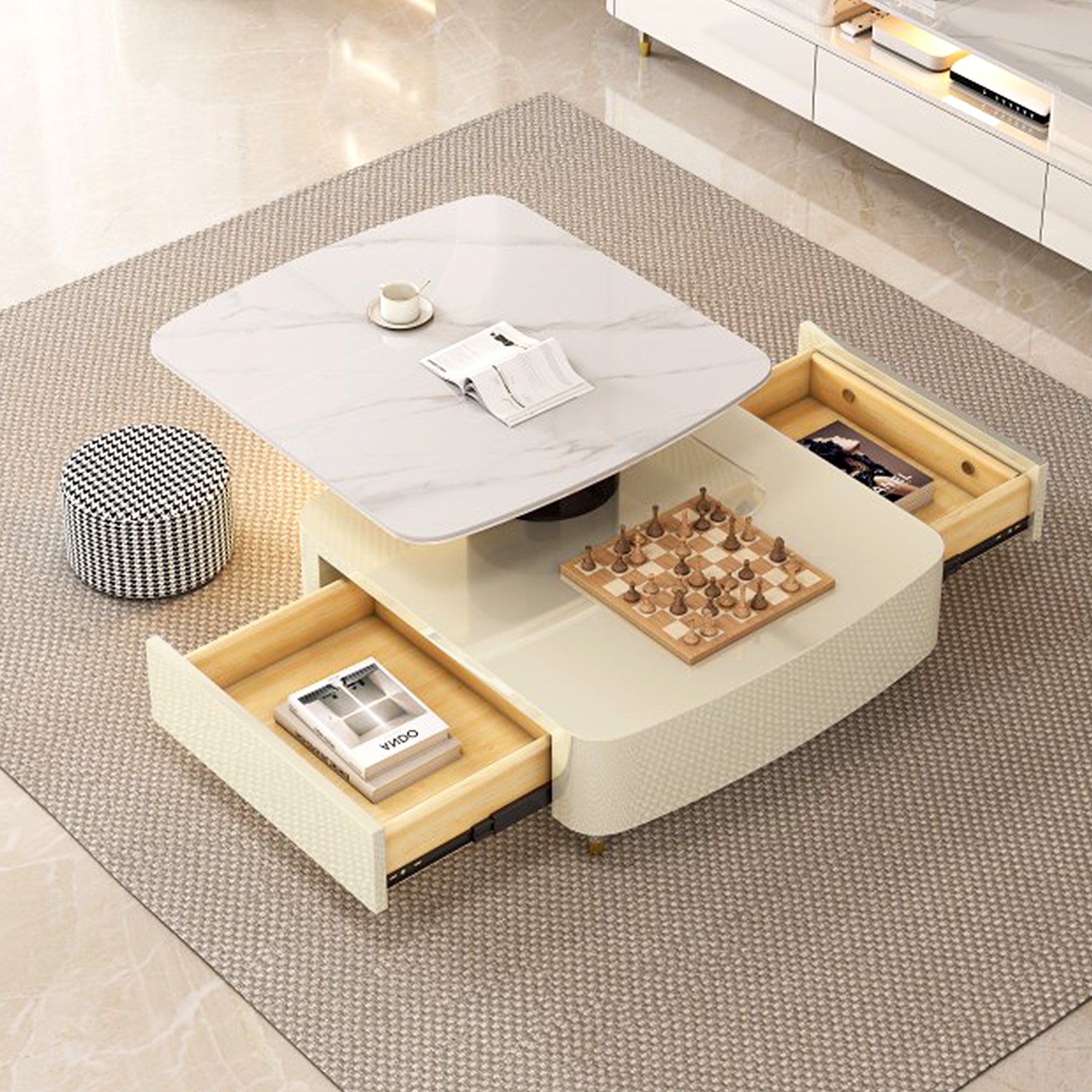 35" Creamy White Rotating Coffee Table with Drawers