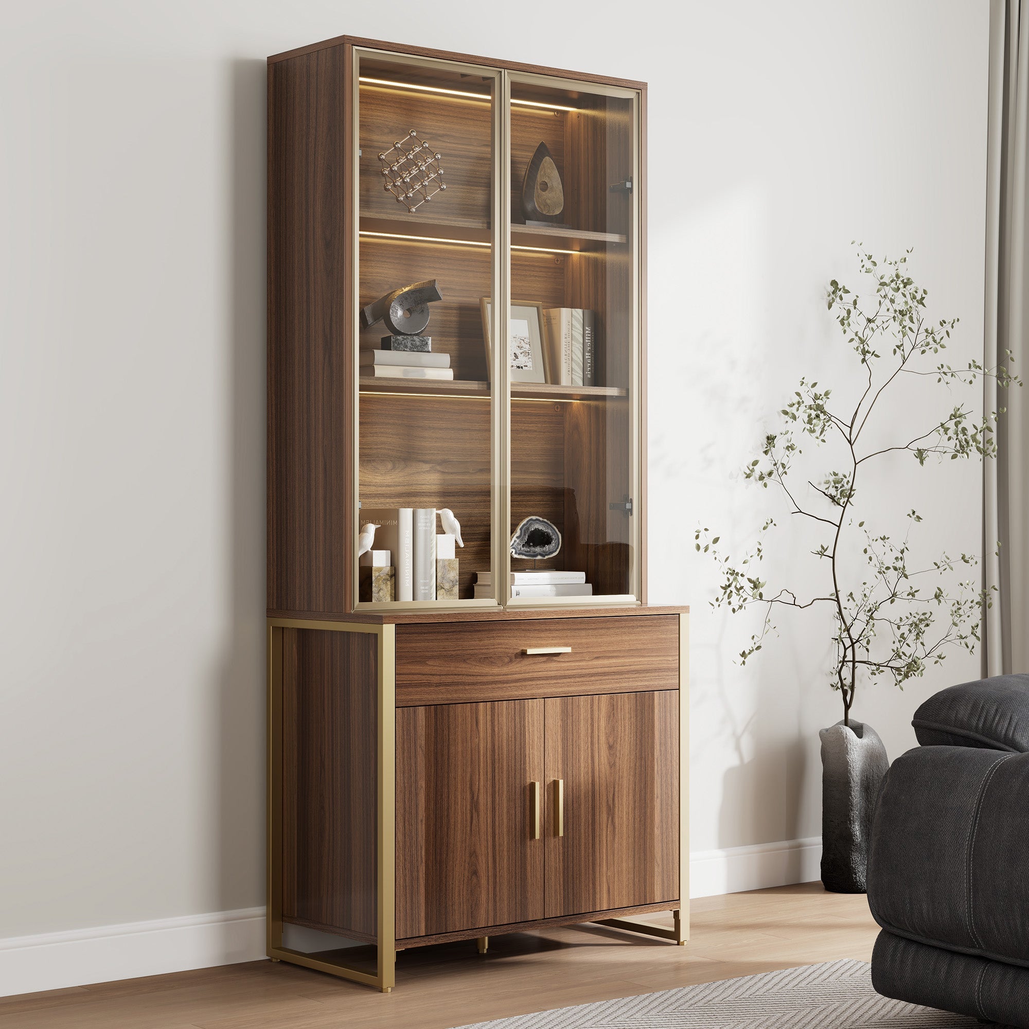 77" Display Bookshelf with Glass Door and Storage Cabinets, Walnut