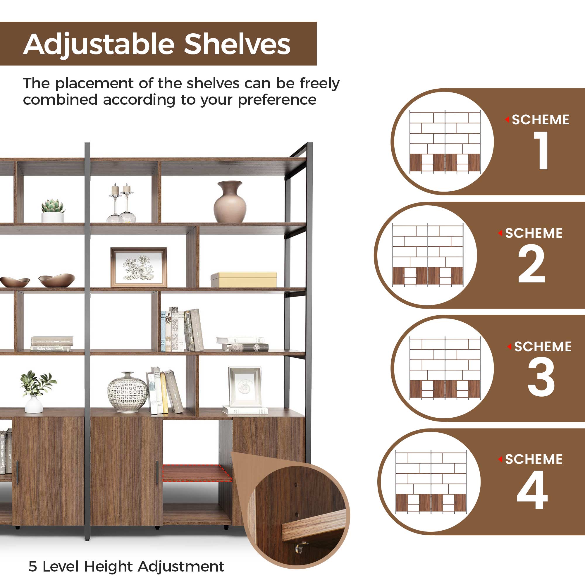 Napa Wood Bookcase Cabinet, Bottom Storage, Adjustable Book Shelves