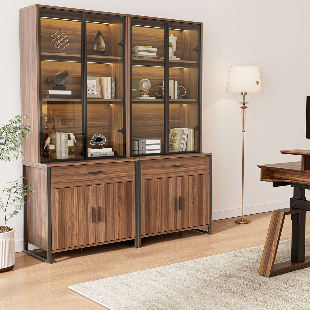 77" Display Bookshelf with Glass Door and Storage Cabinets, Walnut