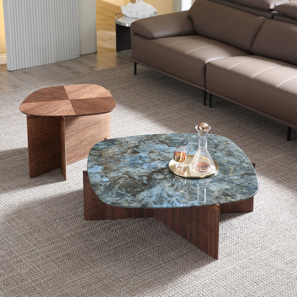41" Walnut and Blue Jade Marble Irregular Coffee Table with Side Table Set
