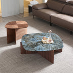 41" Walnut and Blue Jade Marble Irregular Coffee Table with Side Table Set