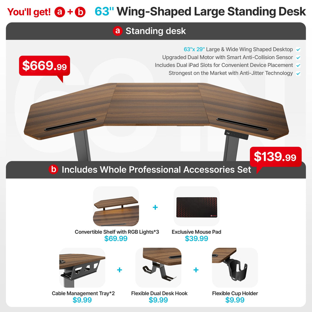 Aero Pro Wing Shaped Standing Desk (63"x23")