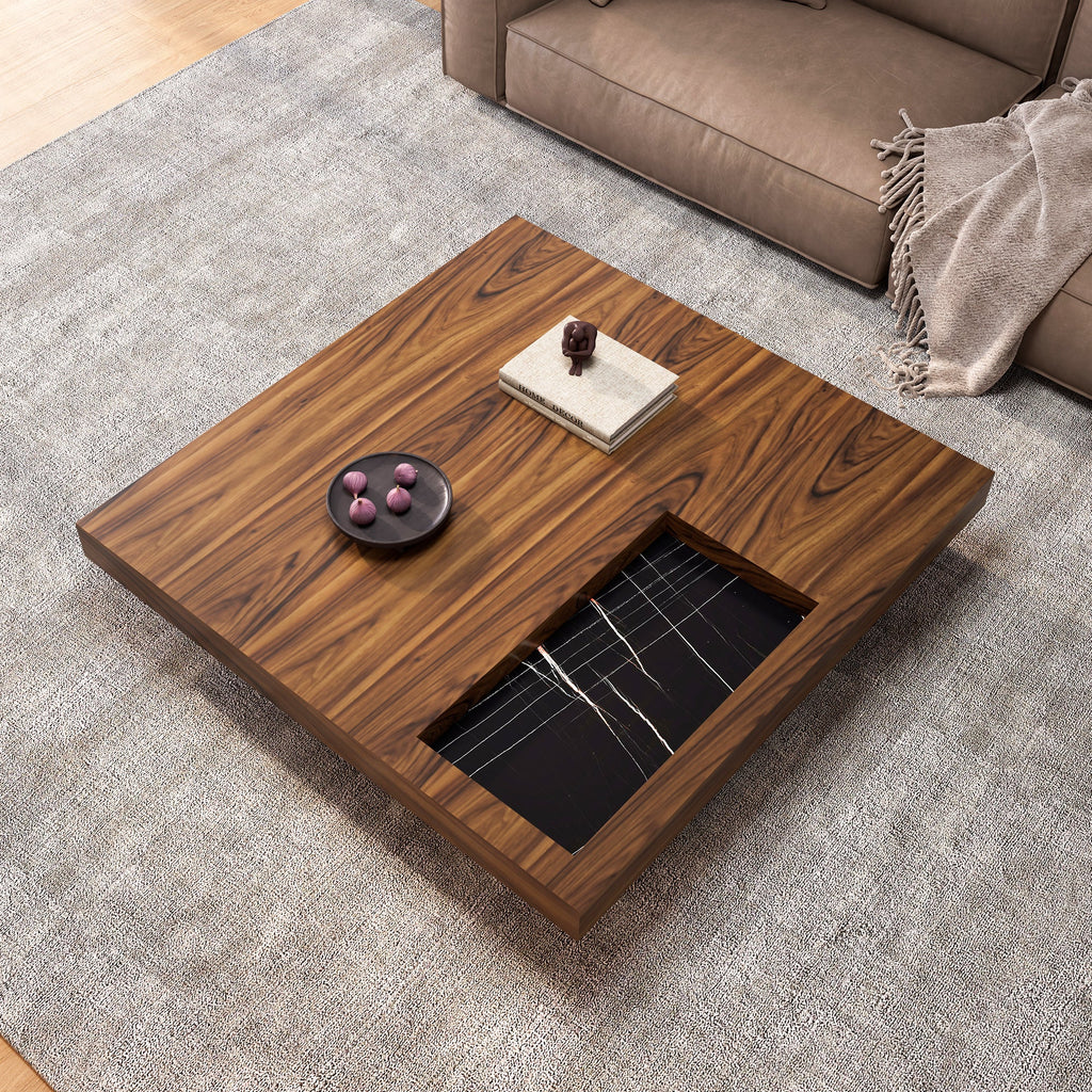 47" Square Solid-Wood Coffee Table with Sunken Small Desktop