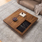 47" Square Solid-Wood Coffee Table with Sunken Small Desktop