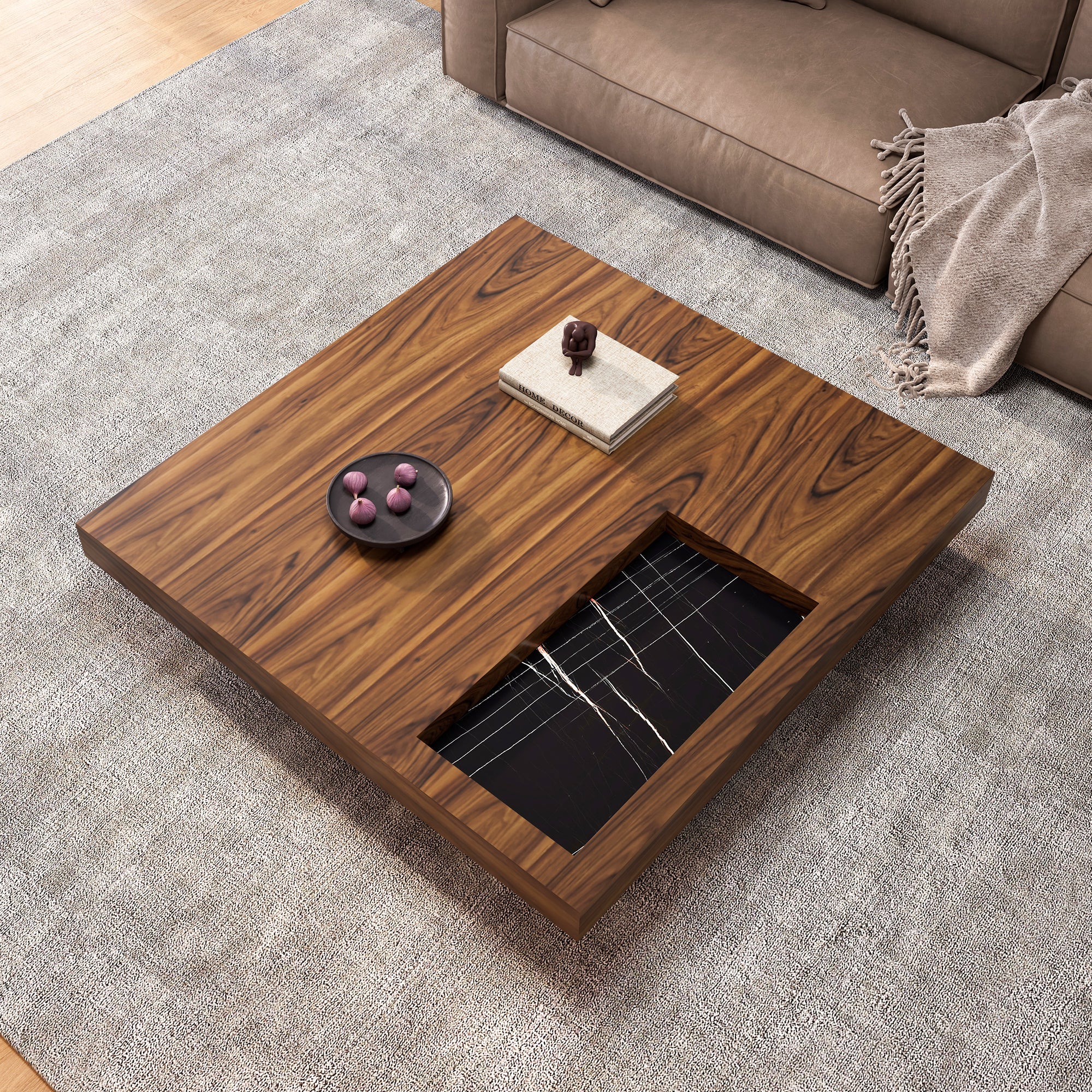 47" Square Solid-Wood Coffee Table with Sunken Small Desktop