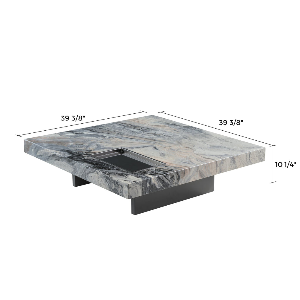 39" Square Marble Coffee Table with Sunken Small Desktop