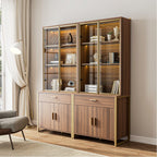 77" Display Bookshelf with Glass Door and Storage Cabinets, Walnut