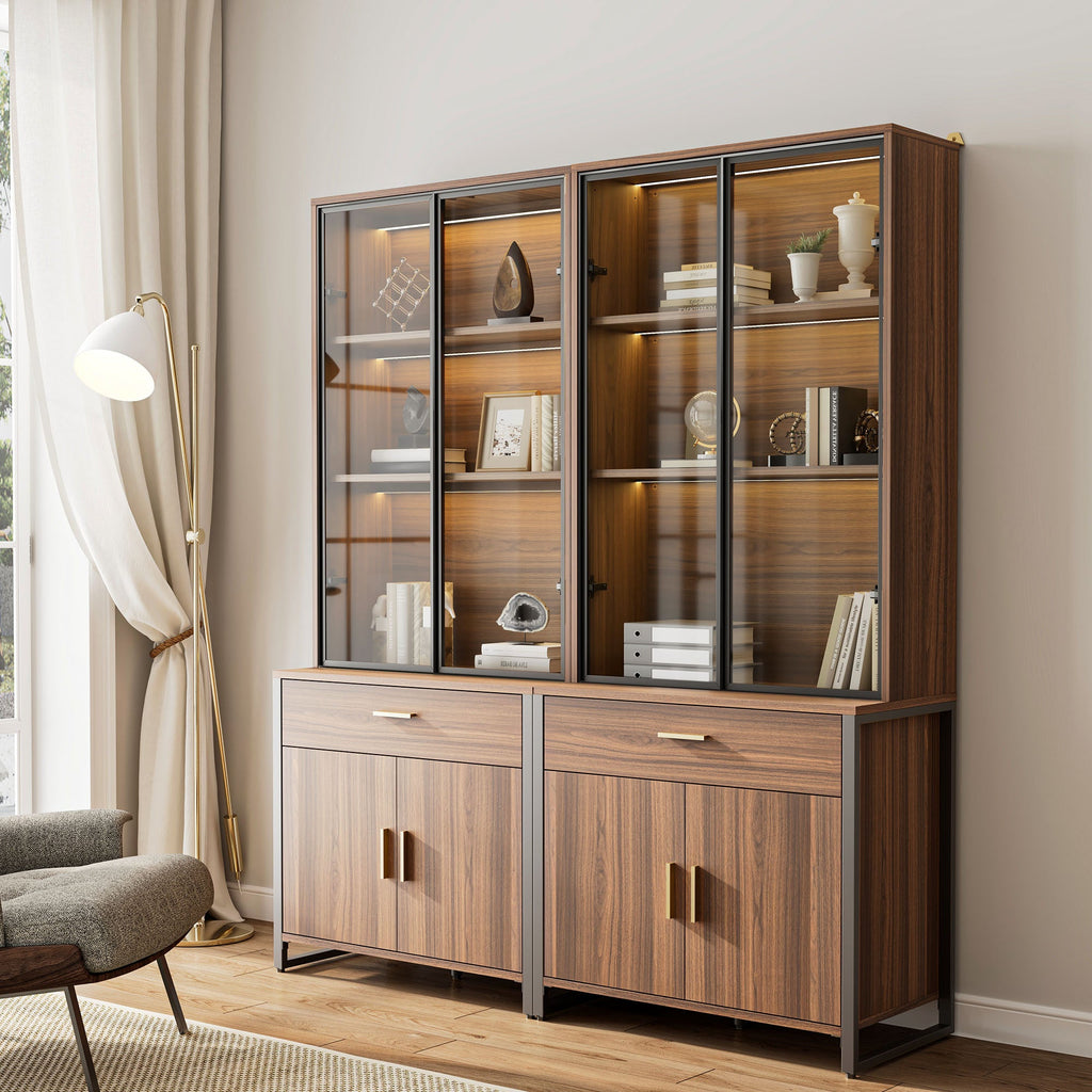 77" Display Bookshelf with Glass Door and Storage Cabinets, Walnut