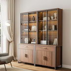 77" Display Bookshelf with Glass Door and Storage Cabinets, Walnut