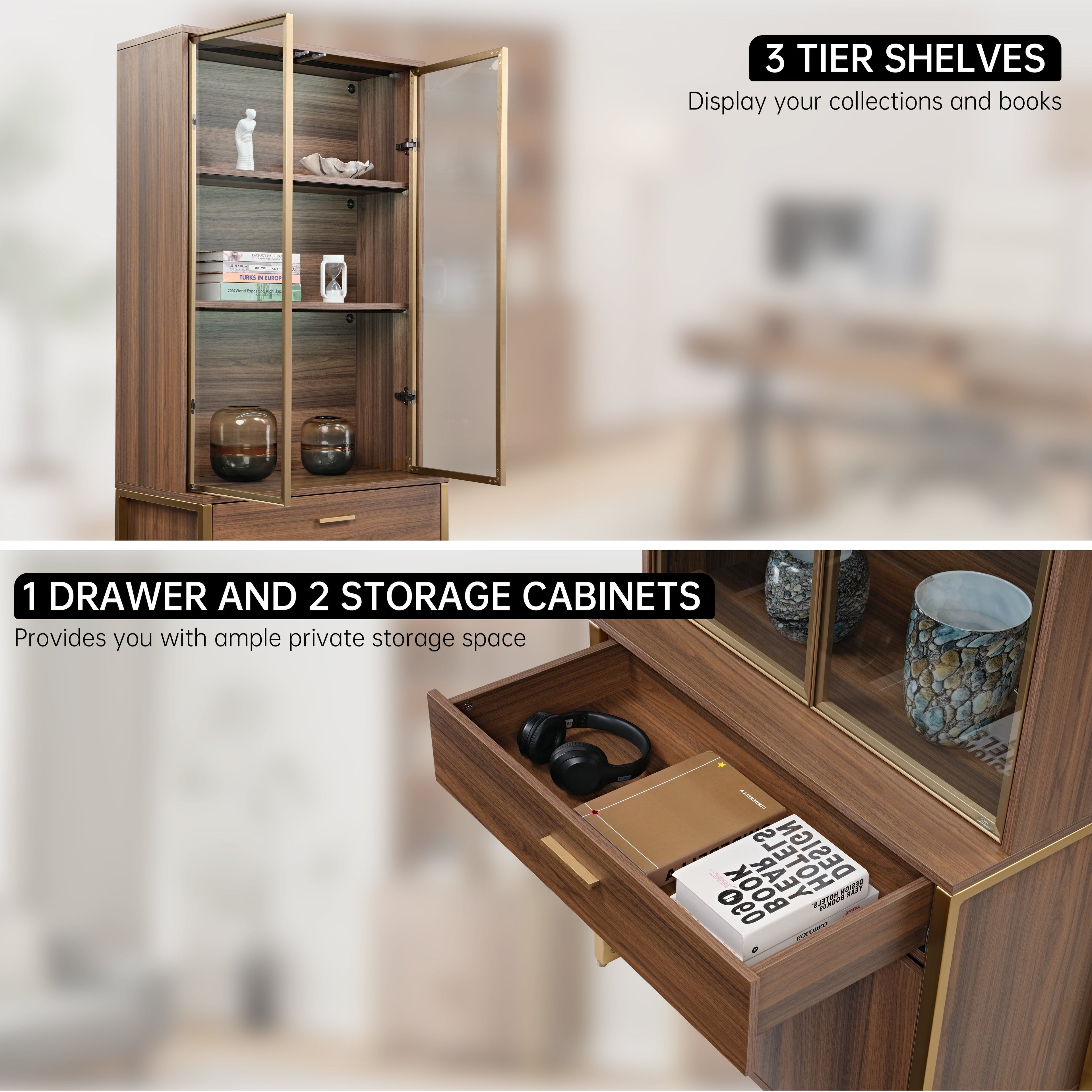 77" Display Bookshelf with Glass Door and Storage Cabinets, Walnut