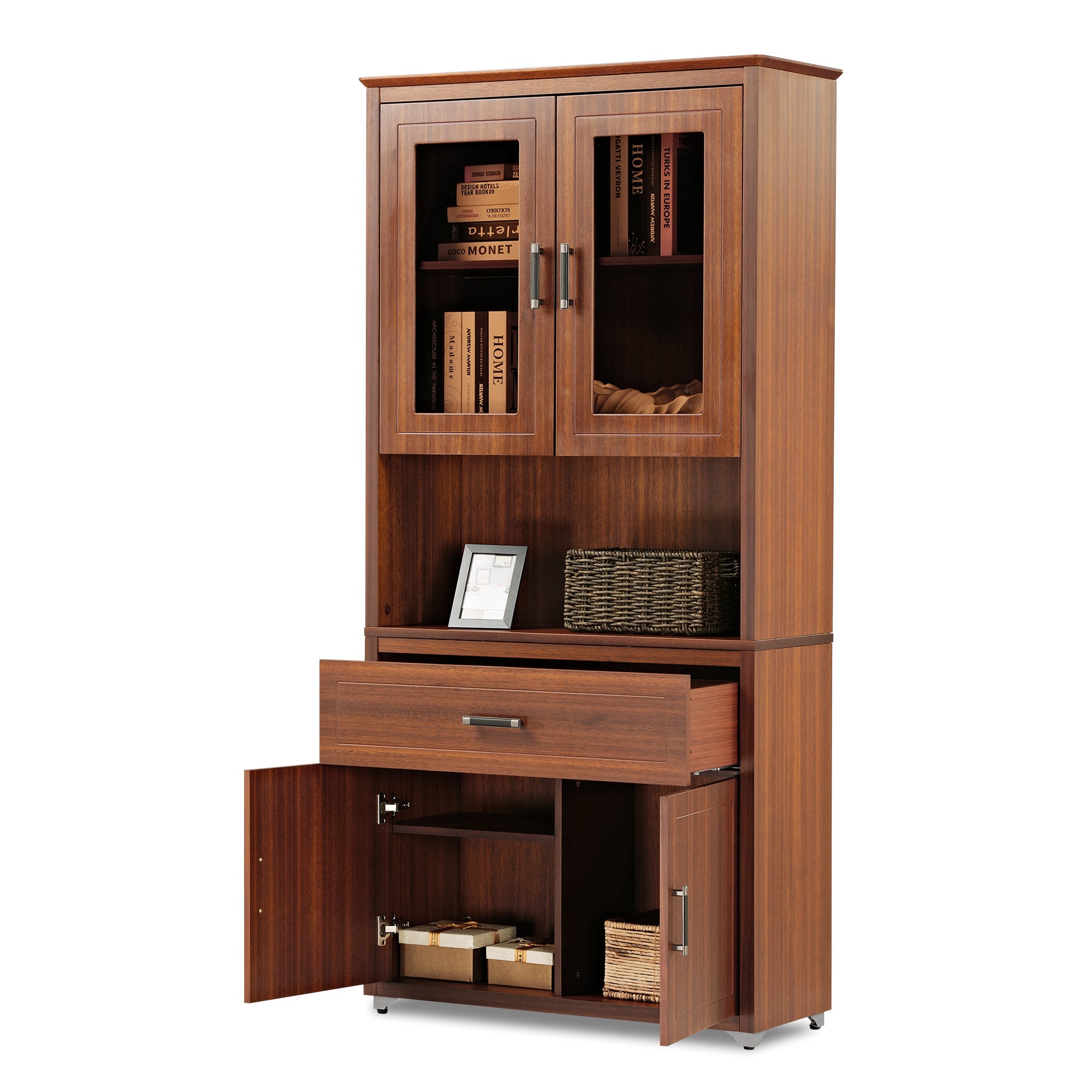 72" Storage Bookcase with Doors and Shelves, Walnut