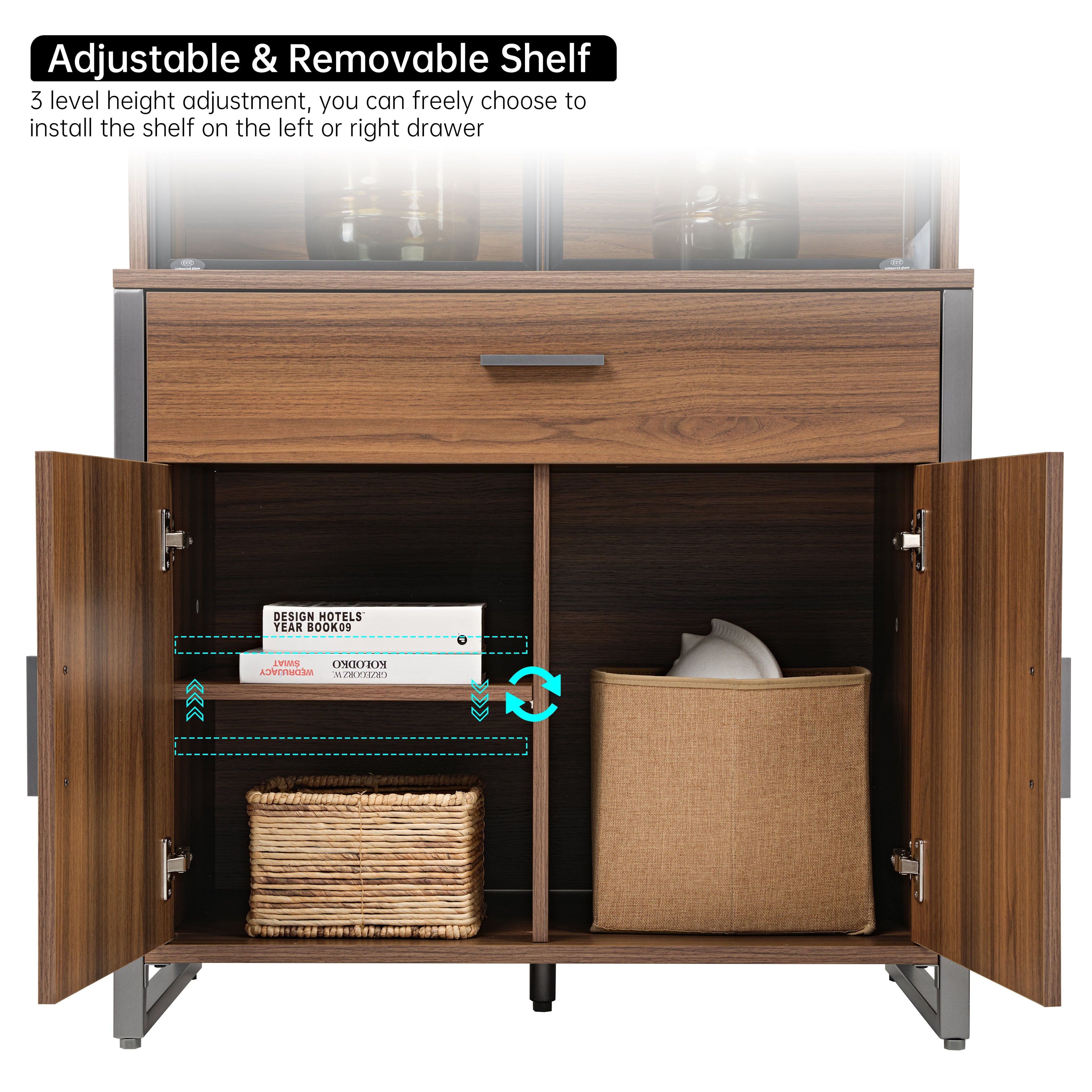 77" Display Bookshelf with Glass Door and Storage Cabinets, Walnut