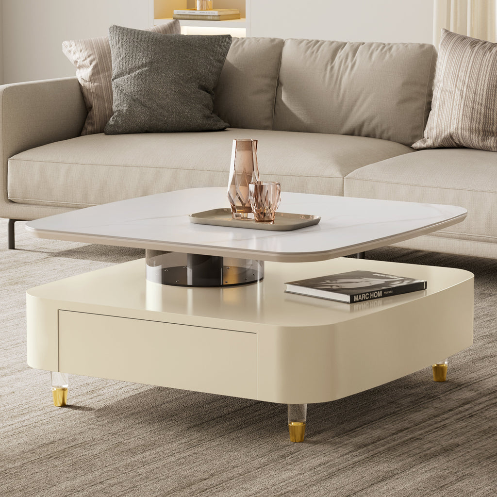35" Creamy White Rotating Coffee Table with Drawers