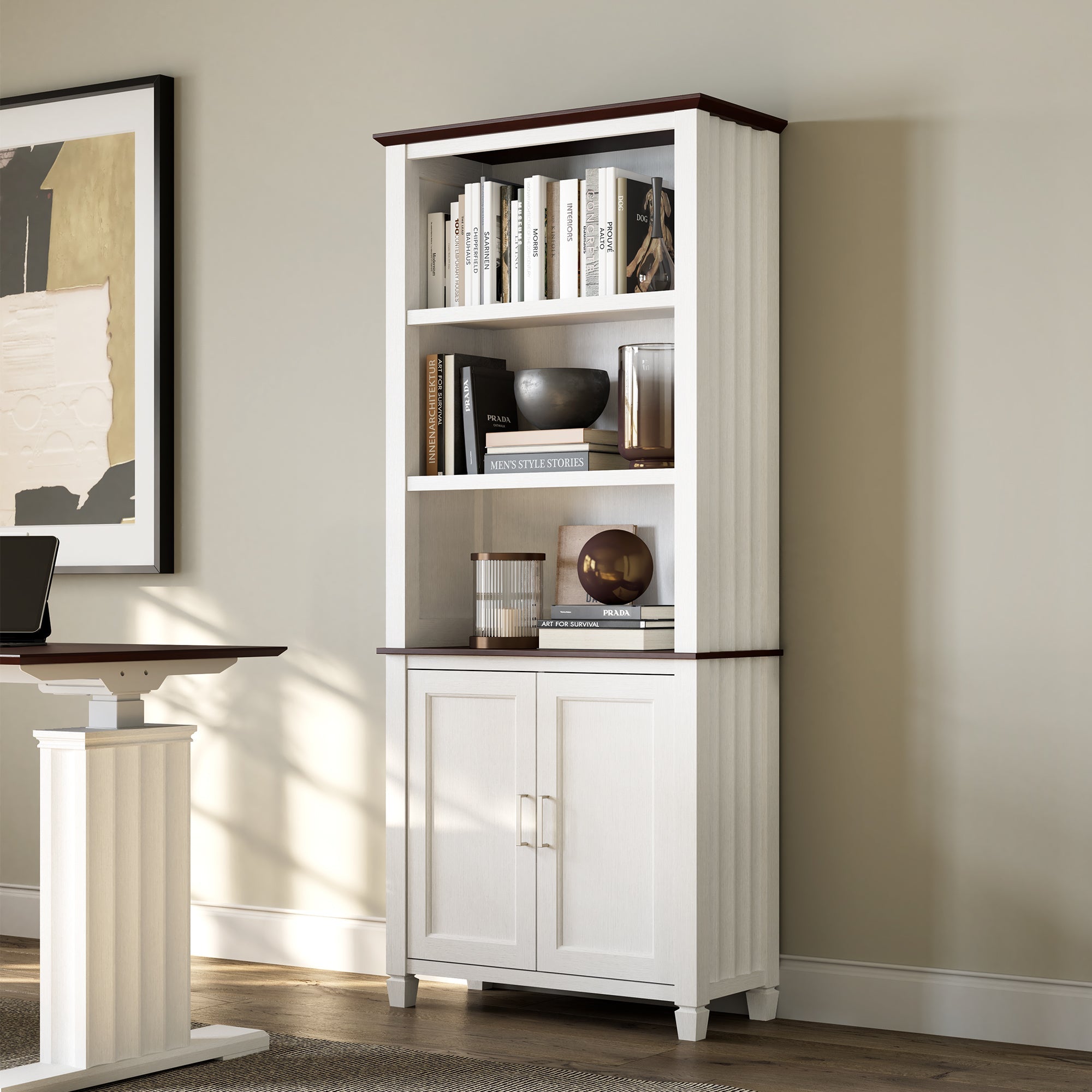 Ark ES, 71" Display Bookshelf with Storage Cabinet, White