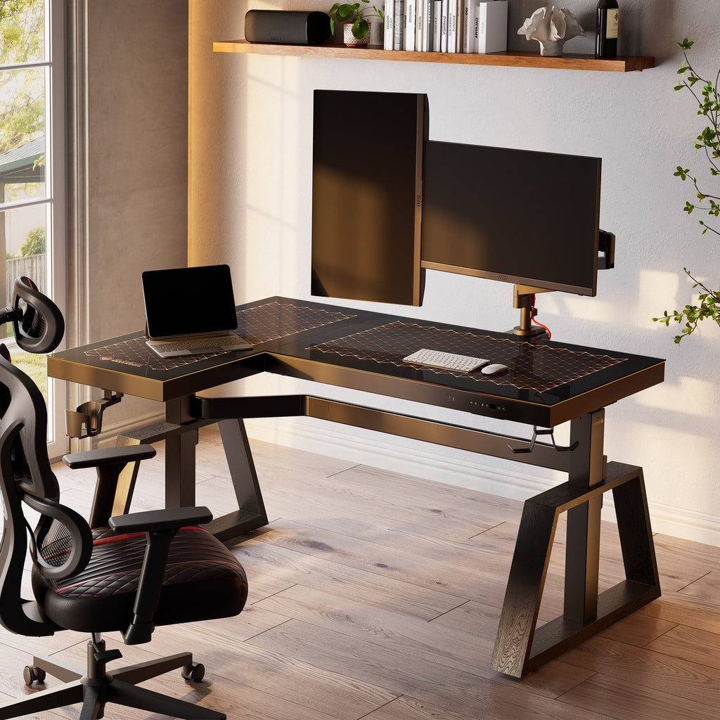 GTG-L60 Pro, L Shaped Glass Gaming Standing Desk (60"x23")