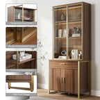 77" Display Bookshelf with Glass Door and Storage Cabinets, Walnut