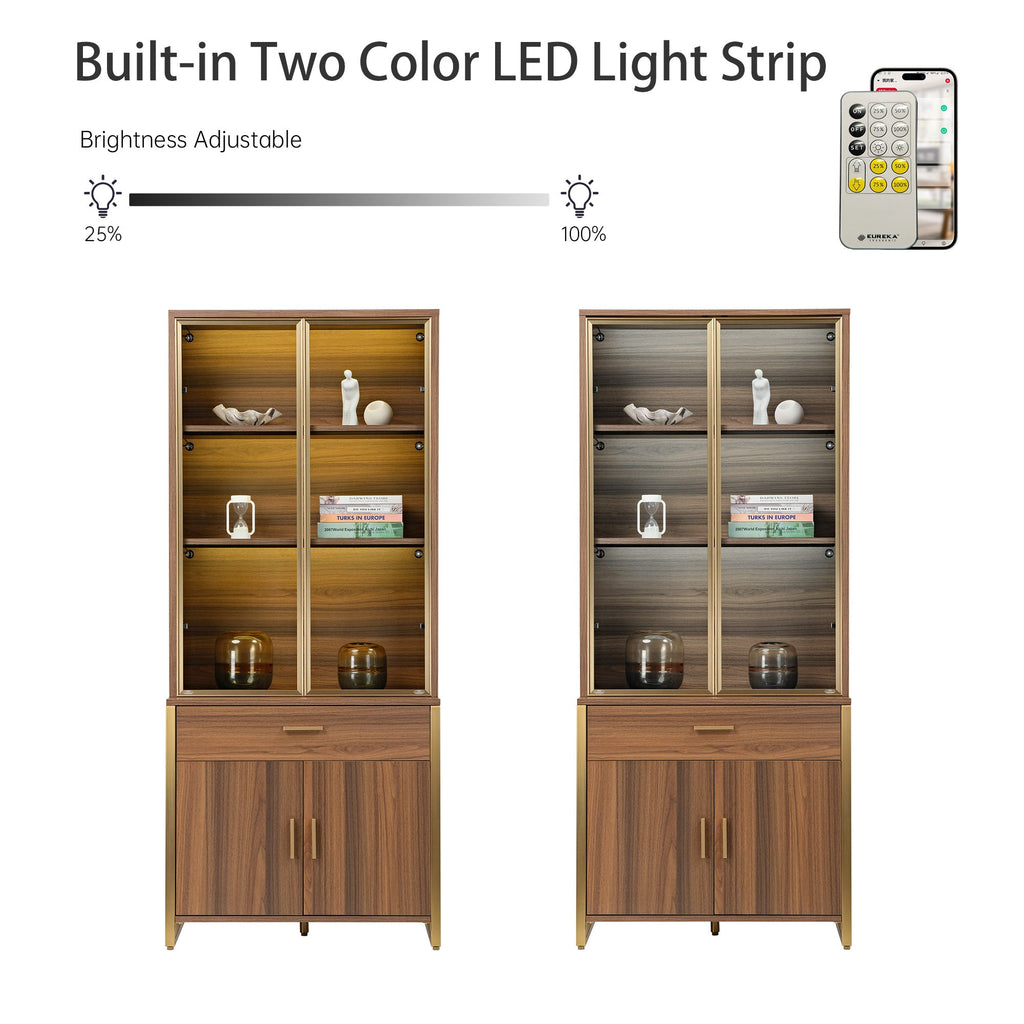 77" Display Bookshelf with Glass Door and Storage Cabinets, Walnut