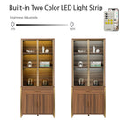 77" Display Bookshelf with Glass Door and Storage Cabinets, Walnut