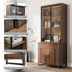 77" Display Bookshelf with Glass Door and Storage Cabinets, Walnut