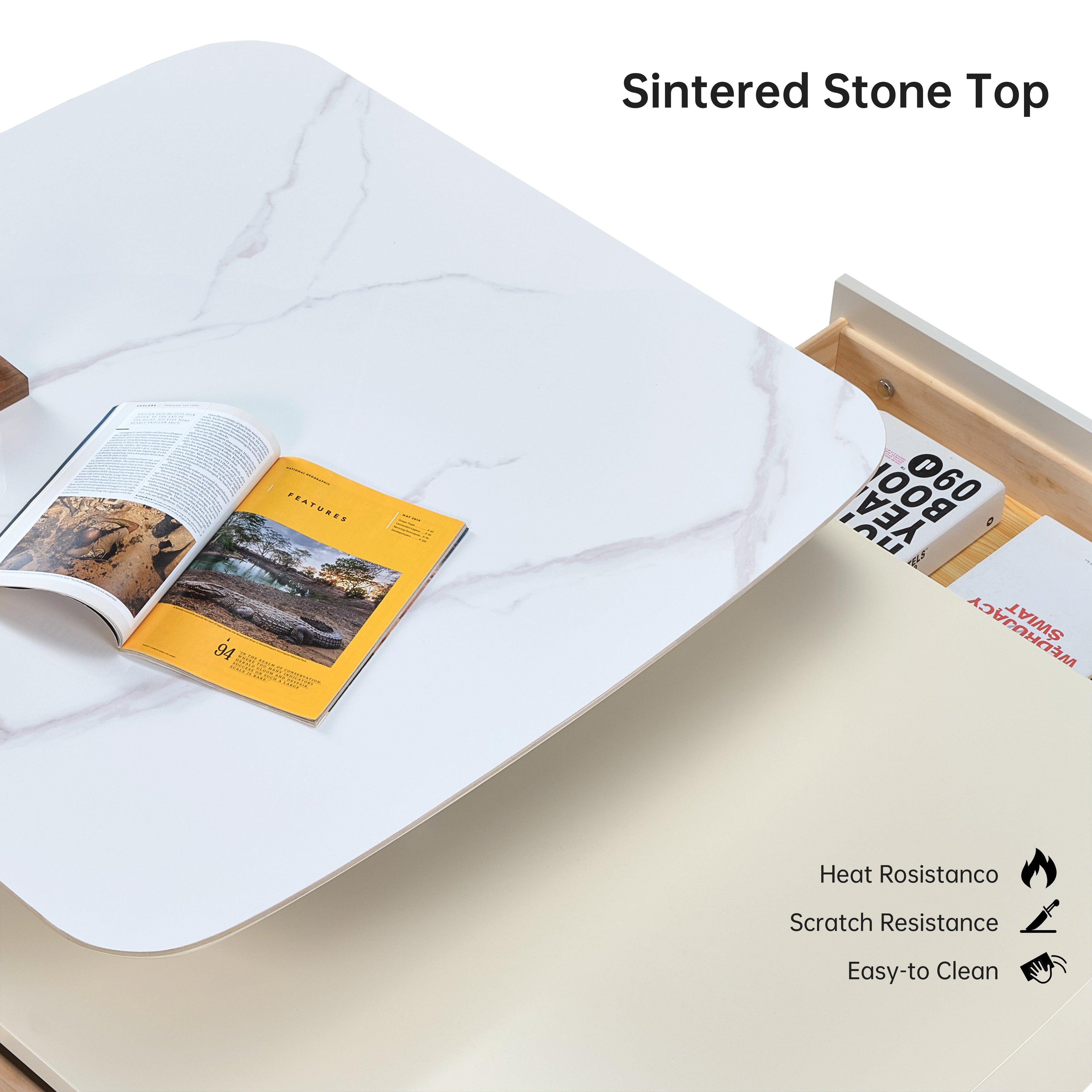 35" Creamy White Rotating Coffee Table with Drawers