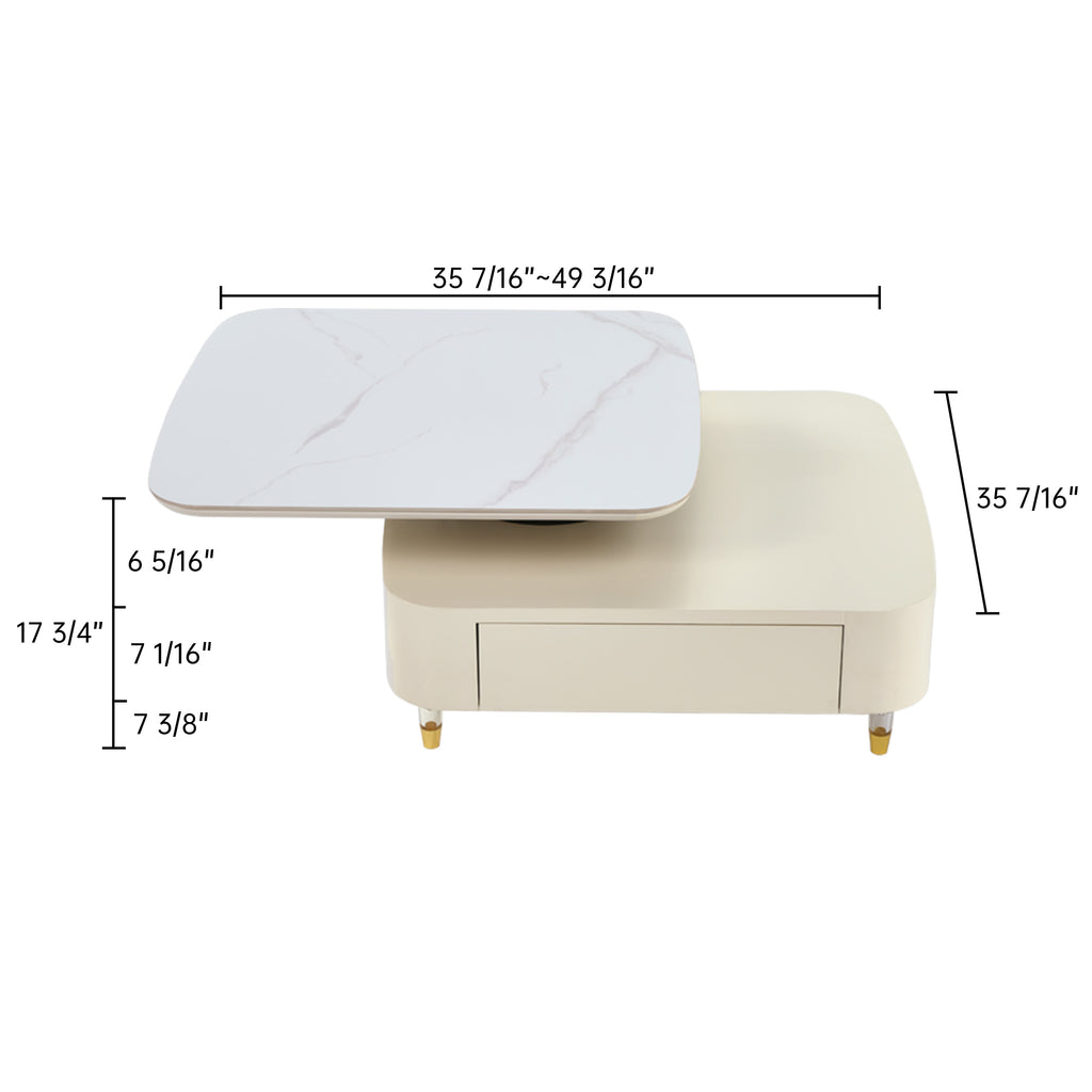 35" Creamy White Rotating Coffee Table with Drawers