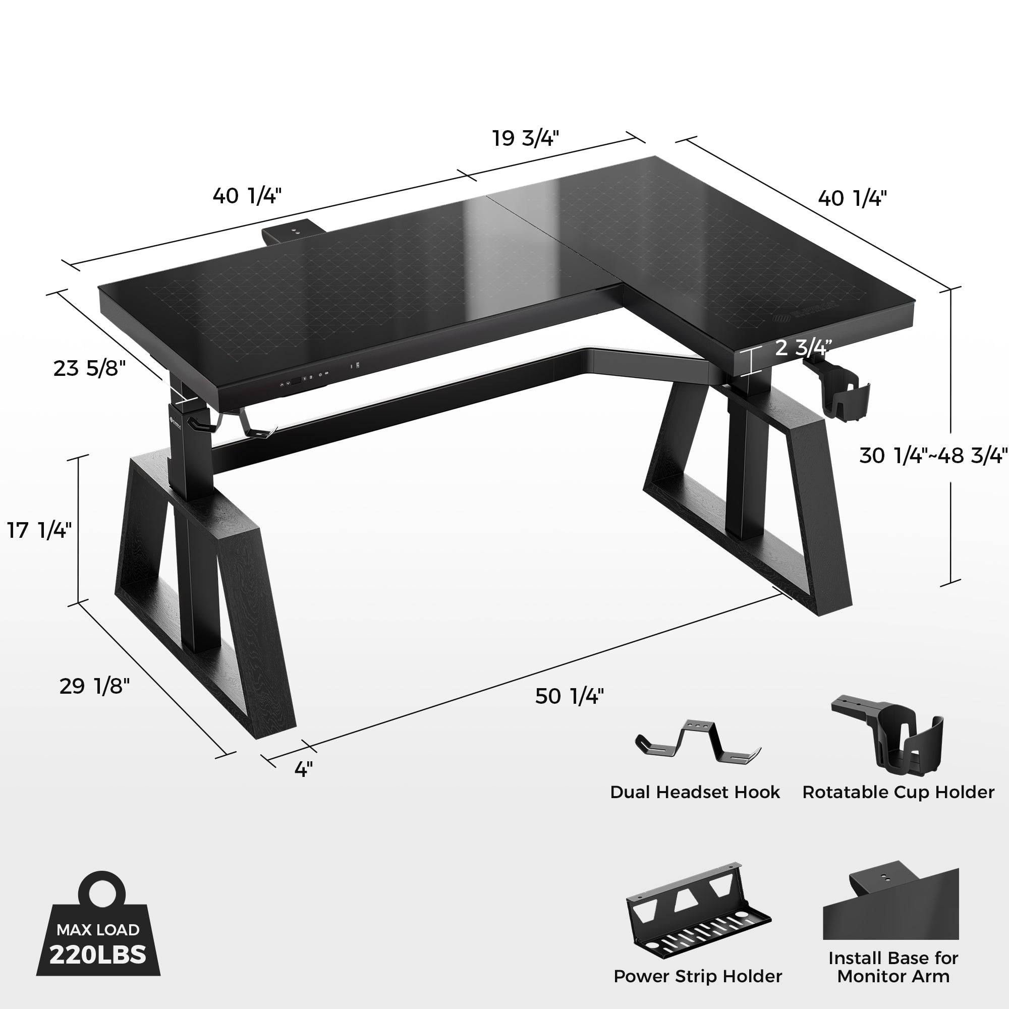 GTG-L60 Pro, L Shaped Glass Gaming Standing Desk (60"x23")