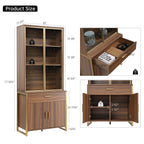 77" Display Bookshelf with Glass Door and Storage Cabinets, Walnut