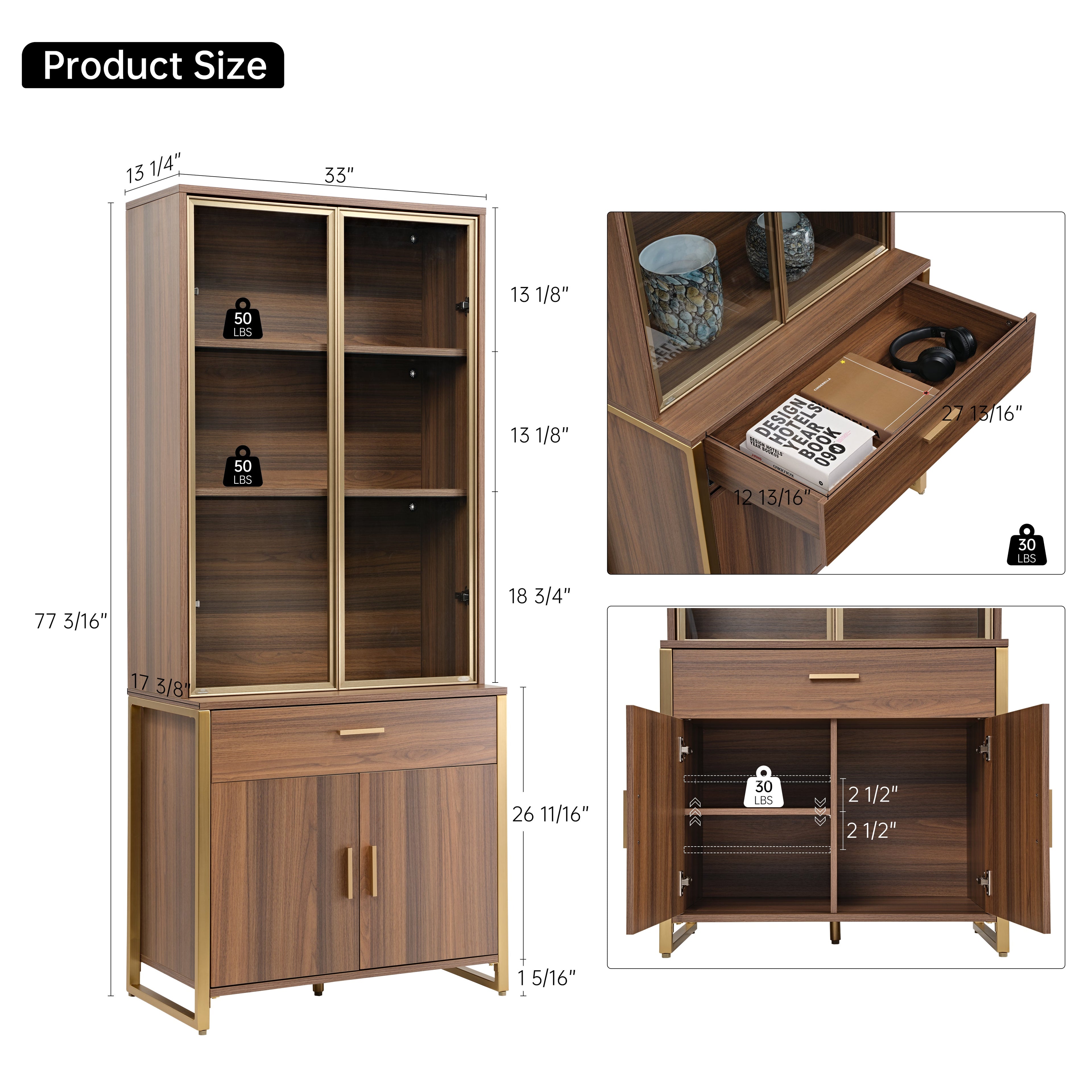 77" Display Bookshelf with Glass Door and Storage Cabinets, Walnut