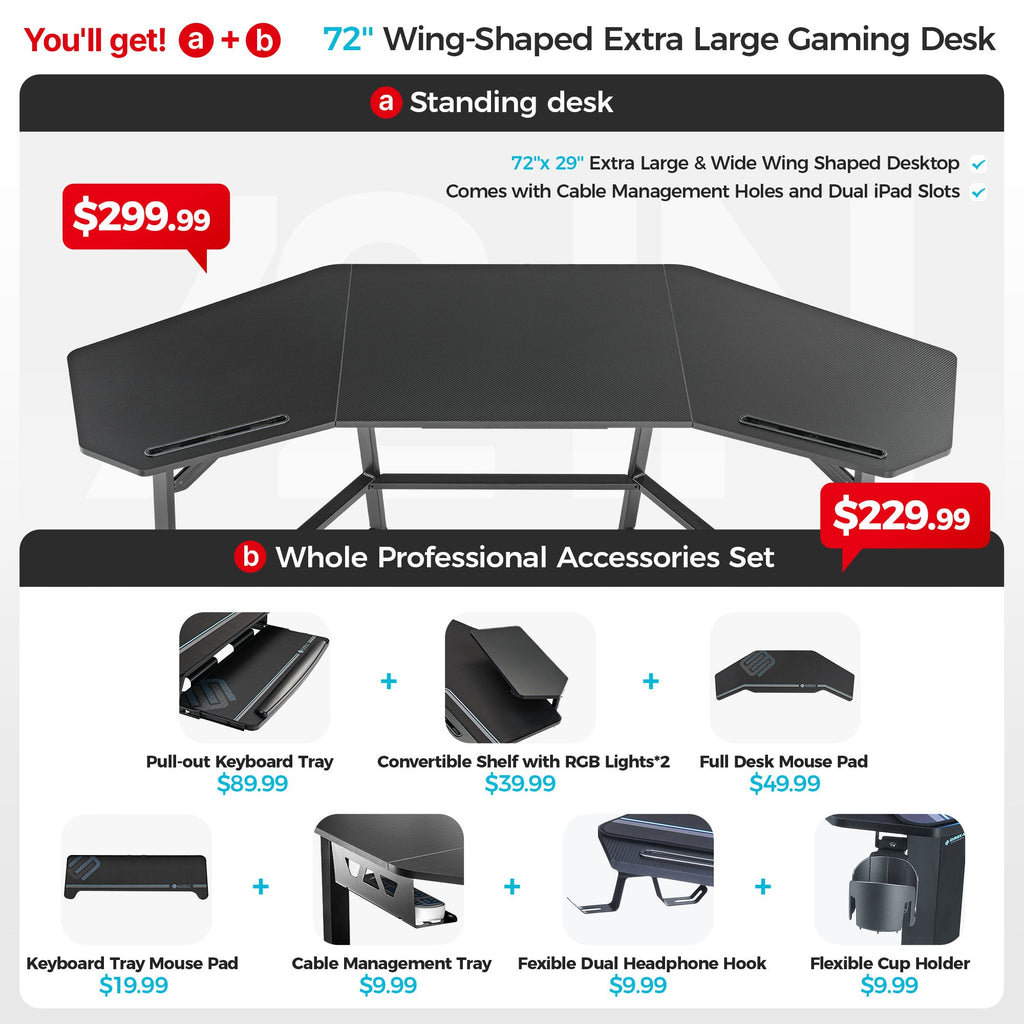 Aero Wing-Shaped Studio Desk, Black (63" and 72")