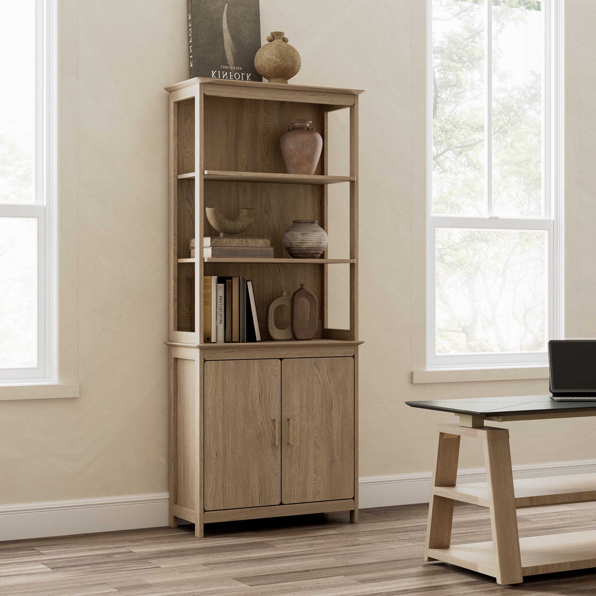 Ark EL, 71" Display Bookshelf with Storage Cabinet, Oak